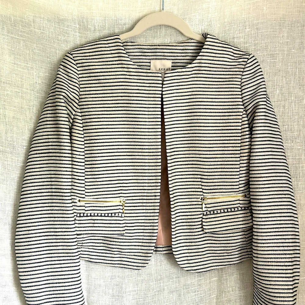 Kenar Tweed Pocket Blazer Size Medium Navy and Off White